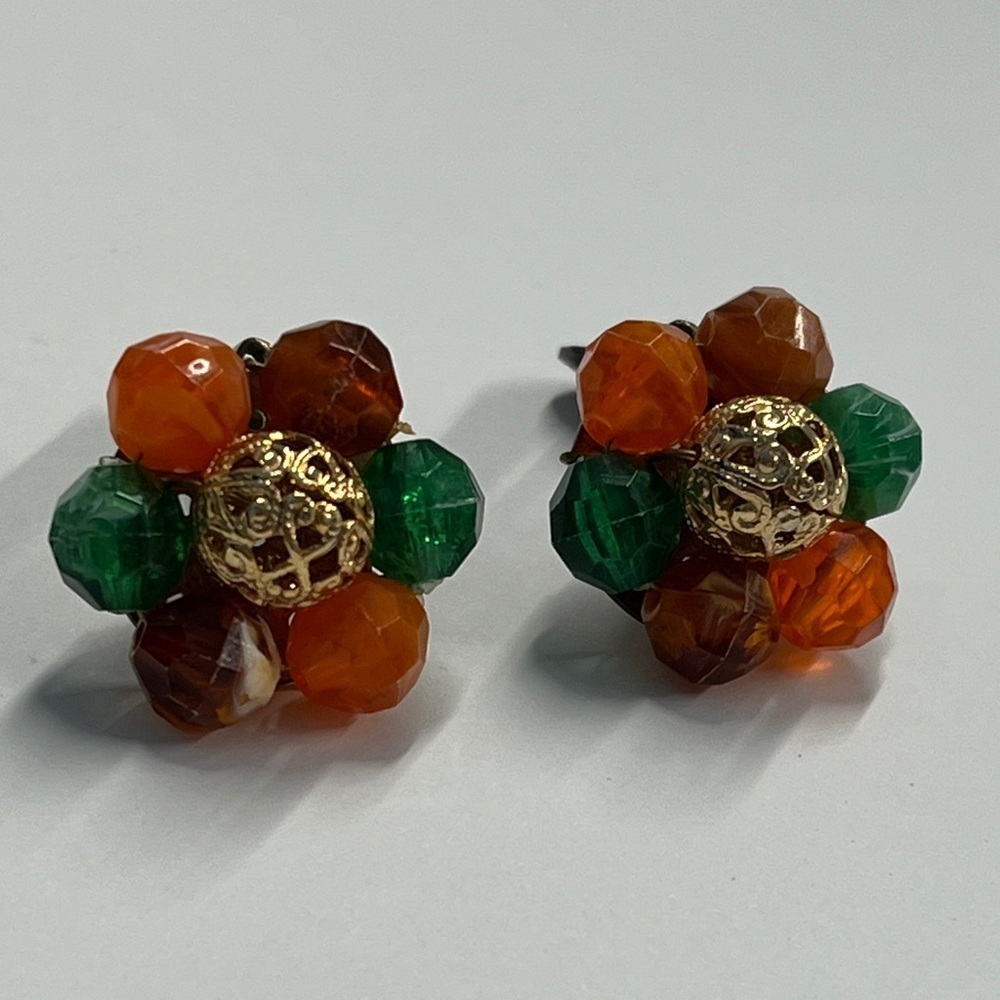 Vintage Multi Color Lucite Bead Cluster Fruit Salad Clip on Copper Back Earrings
